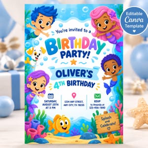 Bubble Guppies uitnodiging, bewerkbare Canva verjaardagskaart voor een onderwaterfeest, uitnodiging voor een oceaanfeest, bewerkbare printbare digitale download