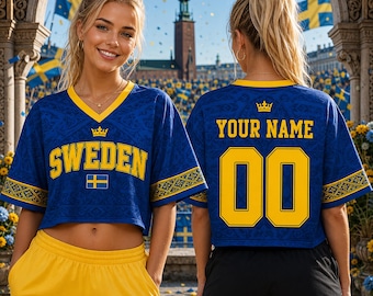 Personalized Sweden Soccer Mesh Crop Top Jersey Custom Name Number Shirt, 2026 Sweden Football Fan Crop Top Tee for Women