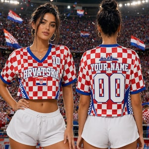 Camiseta corta de malla personalizada de fútbol de Croacia con nombre y número personalizados, camiseta corta para aficionada al fútbol de Croacia 2026 para mujer imagen 1