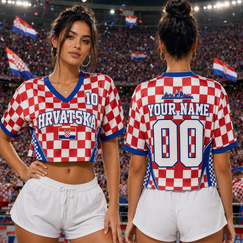 Camiseta corta de malla personalizada de fútbol de Croacia con nombre y número personalizados, camiseta corta para aficionada al fútbol de Croacia 2026 para mujer imagen 1
