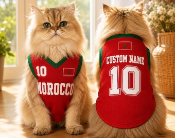 Camiseta personalizada para mascotas de Marruecos, camiseta de fútbol personalizada para gatos, conjunto de fútbol para perros y gatos, camiseta deportiva con nombre y número para cachorros.