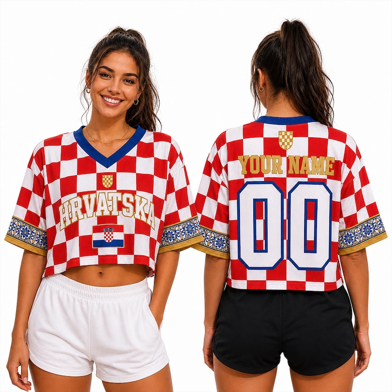 May include: A cropped jersey featuring a red and white checkered pattern, a blue V-neck, and gold-trimmed sleeves with floral accents. The front displays the text HRVATSKA and a flag, while the back shows the text YOUR NAME and the number 00.