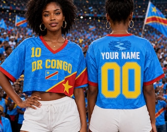 Camiseta corta de malla personalizada de fútbol de la República Democrática del Congo con nombre y número personalizados, camiseta corta para aficionada al fútbol de la República Democrática del Congo 2026 para mujer