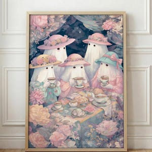 May include: A framed art print depicts a tea party with five ghosts wearing hats and holding teacups. The ghosts are surrounded by flowers in shades of pink, blue, and yellow. The artwork has a whimsical and vintage aesthetic.