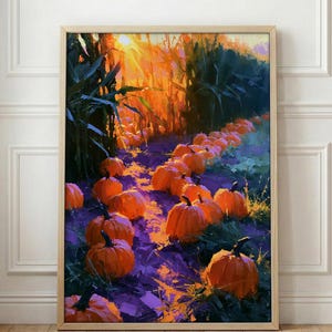 May include: A rectangular wall art print featuring an oil painting of a pumpkin patch at sunset. The scene depicts numerous orange pumpkins scattered along a path between tall corn stalks, with warm golden light filtering through the foliage.