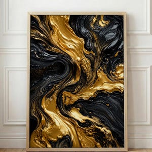 May include: A rectangular wall art print featuring an abstract fluid design with swirling patterns of metallic gold and deep black. The artwork is encased in a thin, light-toned wooden frame, displaying a high-contrast marbled aesthetic.