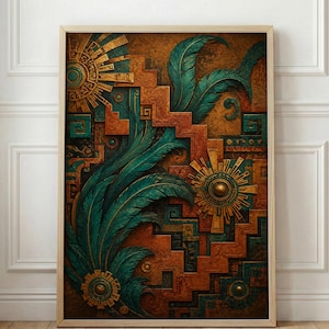 Op de afbeelding: Een rechthoekige wandkunstprint met een getextureerde, gelaagde compositie van geometrische, getrapte patronen in koper- en bronskleuren, geaccentueerd door grote, zwierige, blauwgroene veerachtige motieven en cirkelvormige, zonachtige medaillons.