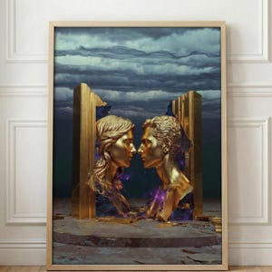 May include: Framed artwork featuring two golden busts facing each other, set against a backdrop of a stormy sky. The busts are framed by golden structures, creating a surreal and artistic composition. The artwork is displayed in a wooden frame.