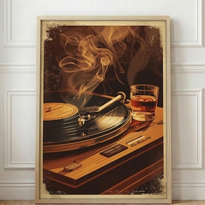 May include: A framed wall art print featuring a vintage record player with a vinyl disc spinning. A lit cigarette rests on the record, emitting swirling smoke. Beside the turntable sits a glass filled with an amber-colored liquid beverage.
