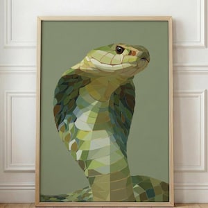 May include: A framed art print featuring a geometric illustration of a cobra snake. The snake is depicted in shades of green, yellow, and brown against a muted green background. The artwork is encased in a natural wood frame, suitable for home decor.