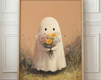 May include: A framed art print featuring a friendly ghost holding a bouquet of colorful flowers. The ghost is white with two black dot eyes, set against a muted orange background. The artwork is in a wooden frame.