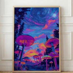 May include: A framed art print featuring a vibrant, surreal landscape. Large, purple mushrooms dominate the foreground, set against a backdrop of a colorful, swirling sky with shades of pink, orange, and blue. The artwork is framed in a light wood.
