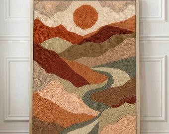 Punch Needle Art Print | Textured Landscape Poster | Tufted Rug Wall Decor | Boho Terracotta Sun Art | Mid Century Earth Tone Gift | Cozy