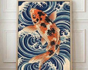 Japanese Koi Fish Art Print | Vintage Ukiyo-e Poster | Orange and Blue Wall Decor | Japandi Living Room | Feng Shui Luck | Unframed Print