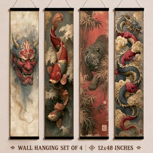 May include: A set of four vertical wall hangings, each measuring 12x48 inches, featuring illustrations of a red oni mask, two koi fish, a tiger in bamboo, and a dragon amidst clouds, all suspended from black wooden bars with white cords.
