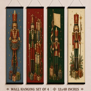 May include: A set of four vertical wall hangings, each measuring 12x48 inches, featuring nutcracker illustrations. The designs include a blue, red, green, and cream background, each depicting a nutcracker figure with gifts and festive details.