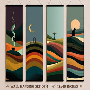 Bubbling Cauldron Smoke Hanging Scroll Set of 4, Black Cat Wall Art