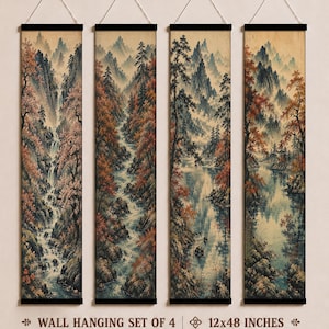 May include: A set of four vertical wall hangings, each measuring 12x48 inches, featuring a continuous landscape painting of mountains, waterfalls, and autumn-toned trees. Each piece is suspended by a string from a black horizontal frame.