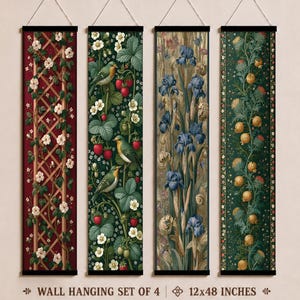 May include: A set of four vertical wall hangings, each measuring 12x48 inches, featuring botanical and avian illustrations. The designs include white flowers on a red trellis, strawberries with birds on green, blue irises, and golden fruit on green.