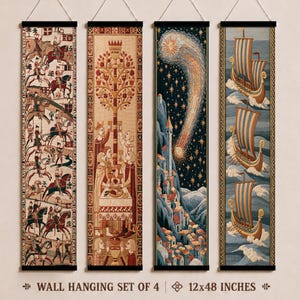 Medieval Longships Striped Hanging Scroll Set of 4, Medieval Tapestry, Living Room Wall Decor