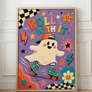 May include: A rectangular wall art print featuring a cartoon ghost wearing a baseball cap and roller skates. The purple background includes the text "ROLL WITH IT" surrounded by colorful stars, lightning bolts, a flower, and checkered patterns.