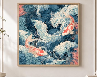 Wave Poster, Koi Fish, Ukiyo-e Home Decor, Ukiyo-e Wall Decor