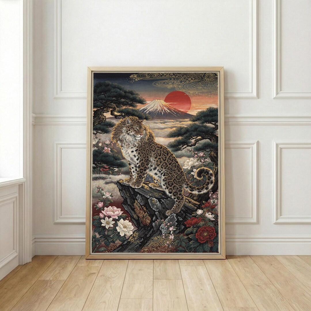 Japanese Leopard Art Print | Mount Fuji Red Sun Poster | Ukiyo-e