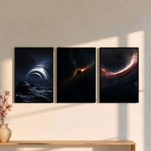 Juego de 3 láminas de arte mural del espacio planetario, tríptico de galaxia de ciencia ficción, láminas celestiales oscuras