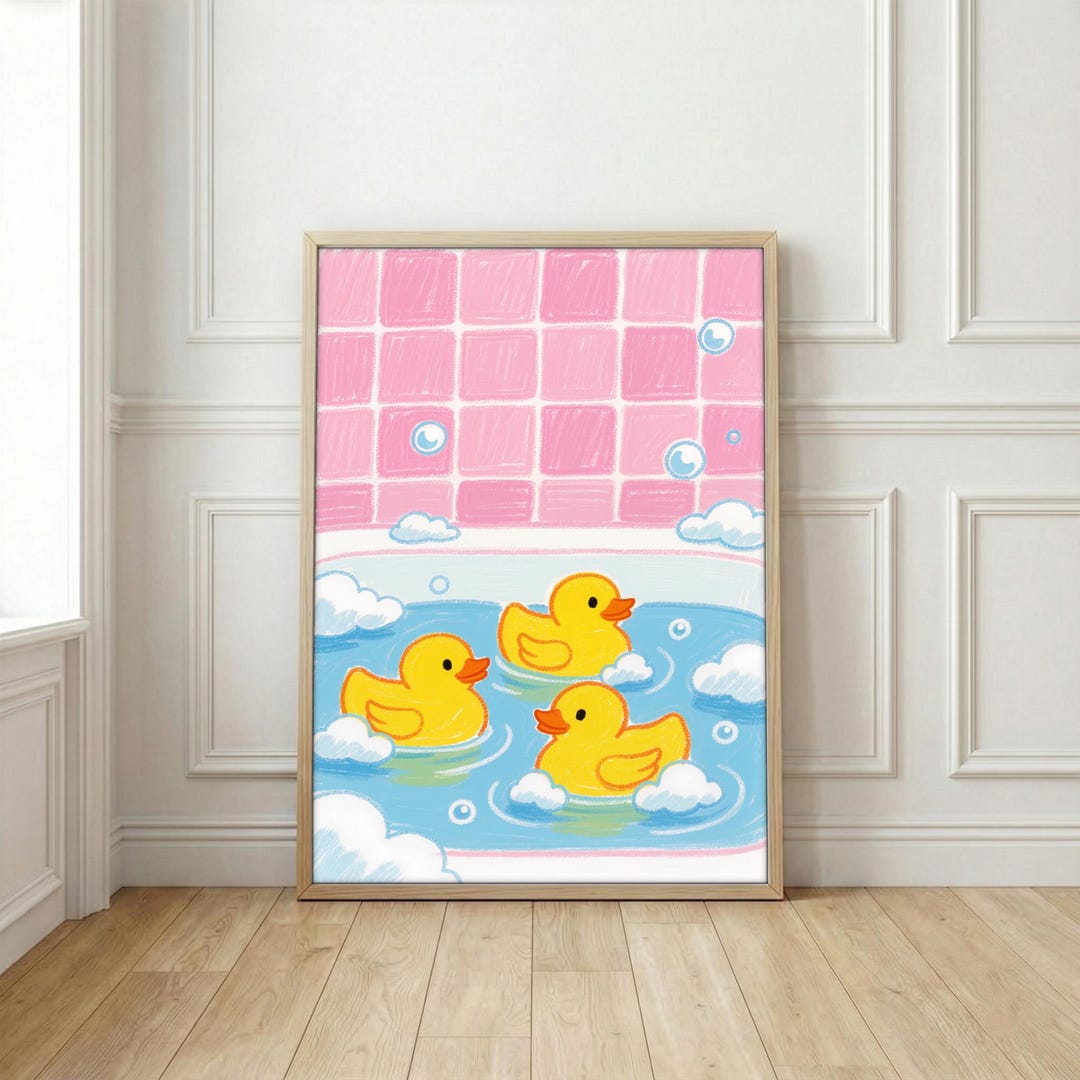 Cute Rubber Duck Art Print | Pink Bathroom Wall Decor | Crayon Style ...