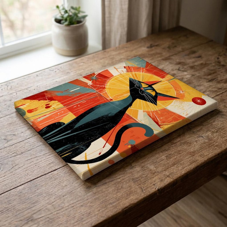 Mid Century Modern Black Cat Art Print | Retro Atomic Age Illustration ...