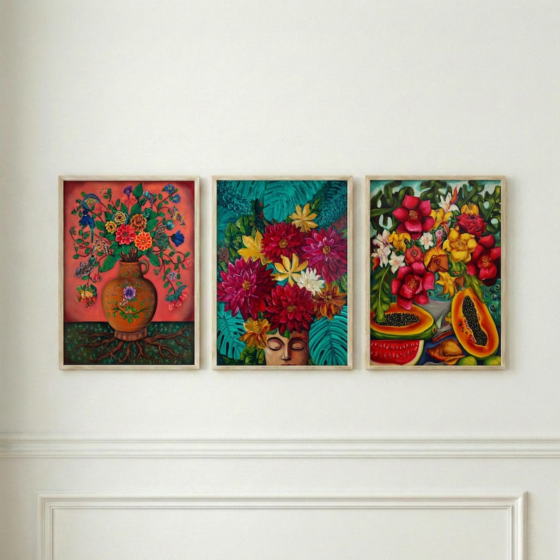 Set of 3 Eclectic Mexican Folk Art Prints | Bold Floral & Tropical ...