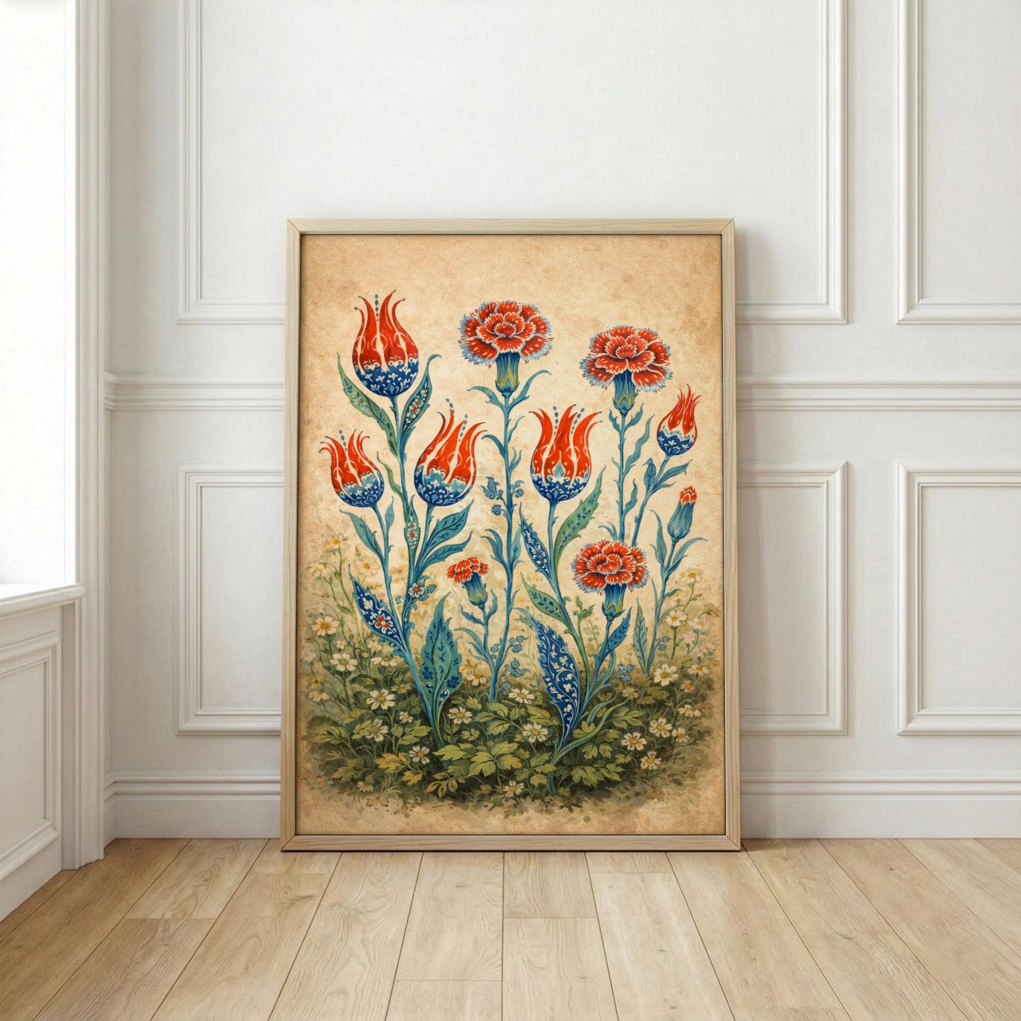 Ottoman Tulip Art Print | Iznik Carnation Poster | Turkish Floral