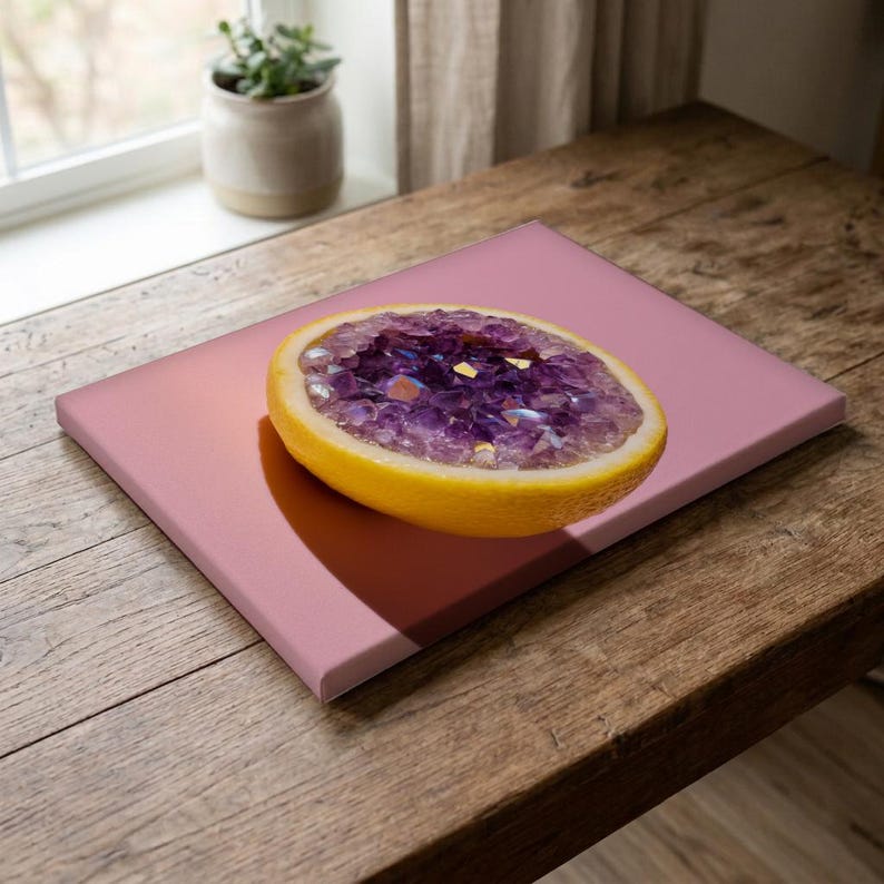 Lemon Geode Art Print | Amethyst Crystal Poster | Surreal Food Wall Decor | Purple Gemstone Kitchen Art | Pop Art Fruit Gift | Yellow Decor image 3