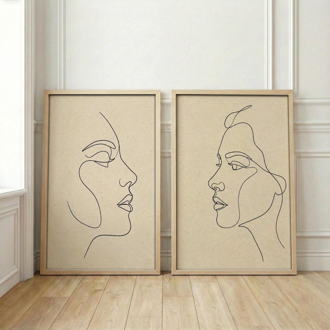 Abstract Face Set of 2 | One Line Art | Minimalist Female Print | Beige ...