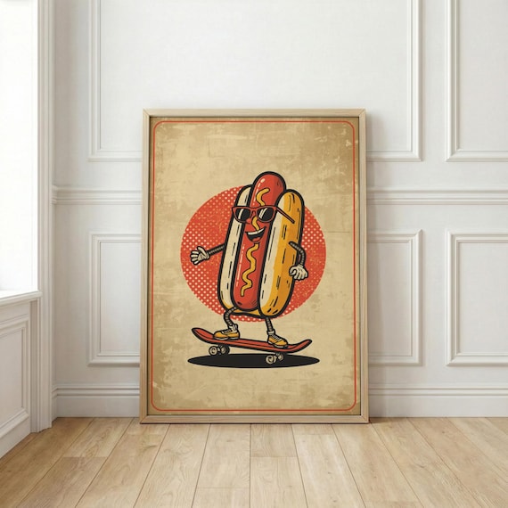 Skating Hot Dog Print | Retro Mascot Poster | Vintage Fast Food