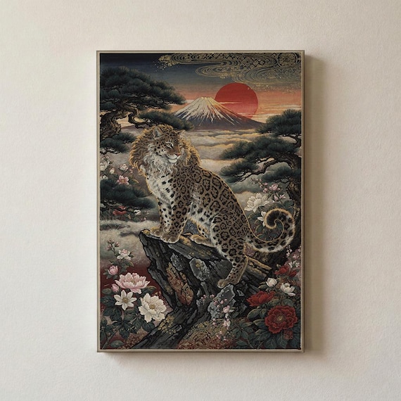 絵画 K-TAKAMATSU LEOPARD E D ORIGINAL / 000 Japanese Leopard Art Print | Mount Fuji Red Sun Poster | Ukiyo-e