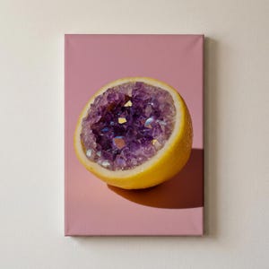 Lemon Geode Art Print | Amethyst Crystal Poster | Surreal Food Wall Decor | Purple Gemstone Kitchen Art | Pop Art Fruit Gift | Yellow Decor image 10