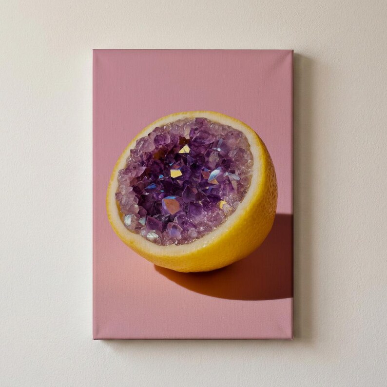 Lemon Geode Art Print | Amethyst Crystal Poster | Surreal Food Wall Decor | Purple Gemstone Kitchen Art | Pop Art Fruit Gift | Yellow Decor image 10