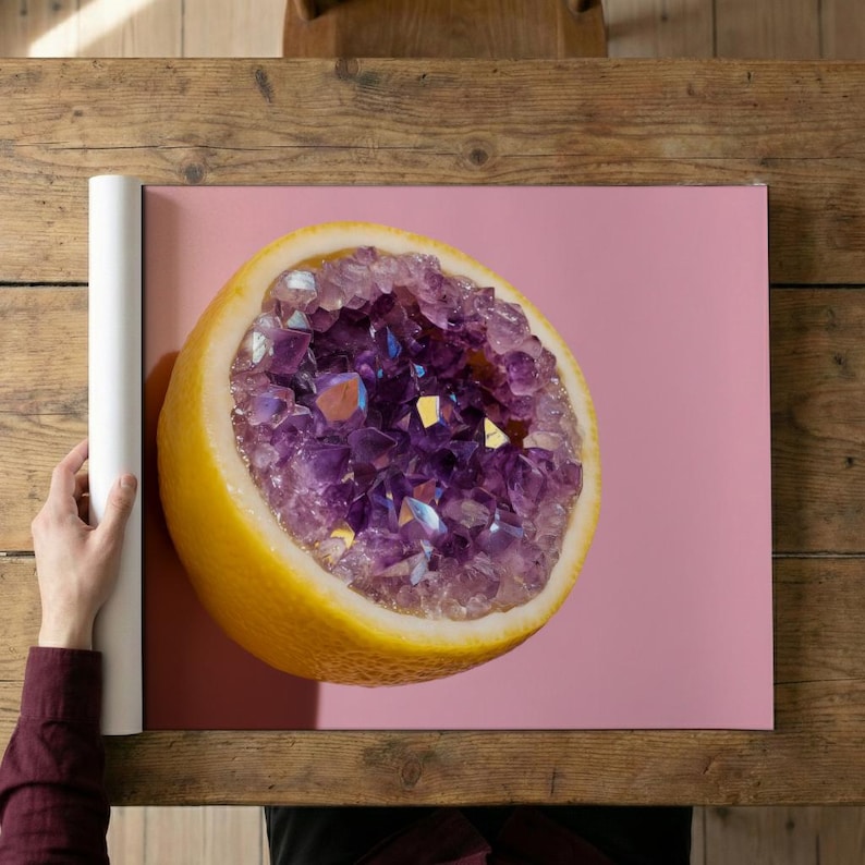Lemon Geode Art Print | Amethyst Crystal Poster | Surreal Food Wall Decor | Purple Gemstone Kitchen Art | Pop Art Fruit Gift | Yellow Decor image 4
