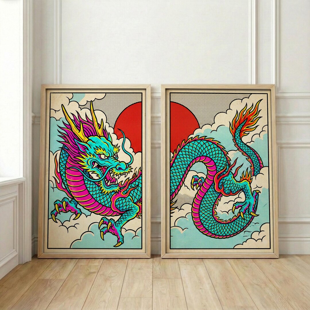 Japanese Dragon Set of 2 Prints | Pop Art Wall Decor | Woodblock Style ...