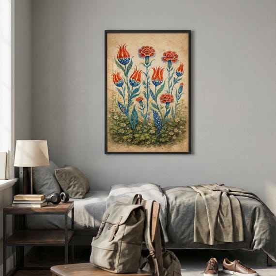 Ottoman Tulip Art Print | Iznik Carnation Poster | Turkish Floral