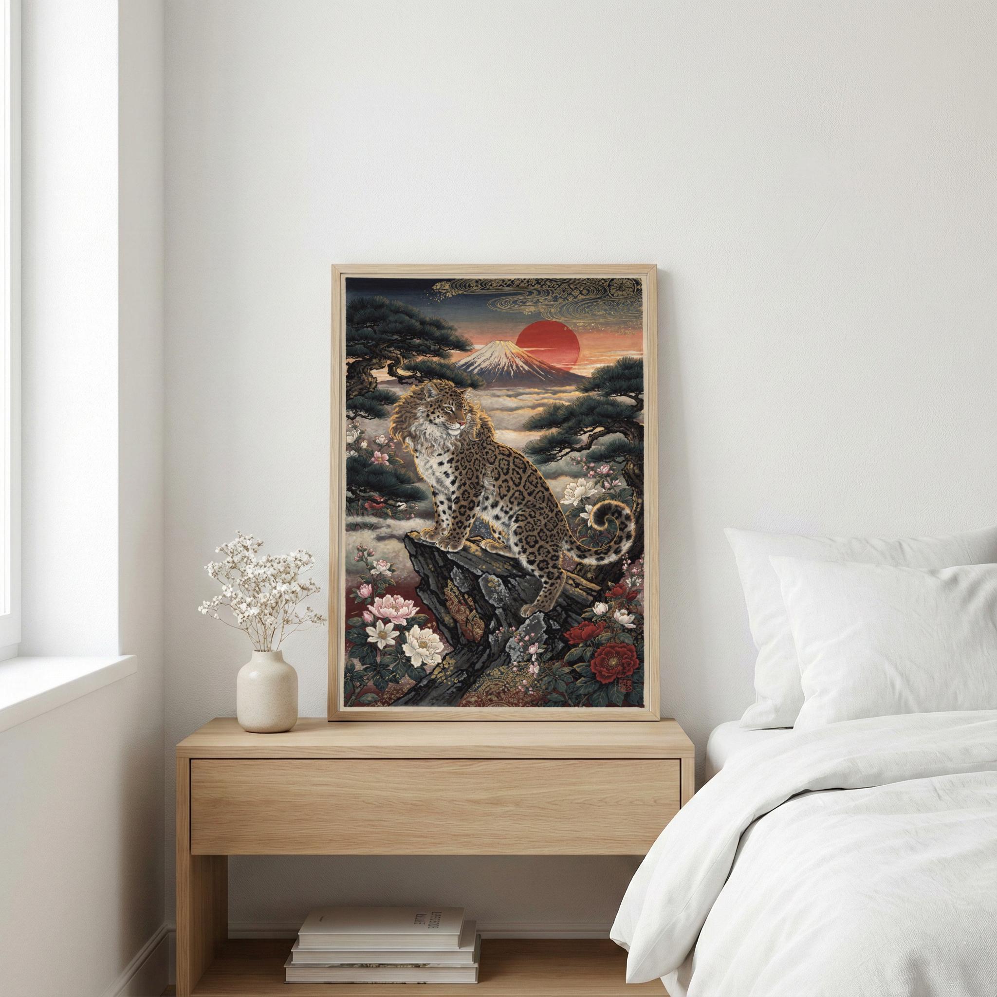 Japanese Leopard Art Print | Mount Fuji Red Sun Poster | Ukiyo-e