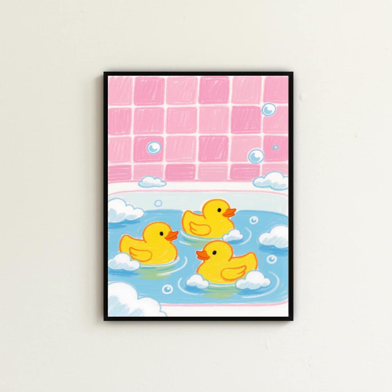 Cute Rubber Duck Art Print | Pink Bathroom Wall Decor | Crayon Style ...