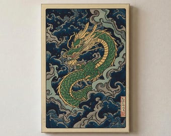 Japanese Dragon Art Print | Vintage Ryu Poster | Emerald Green and