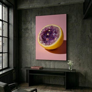Lemon Geode Art Print | Amethyst Crystal Poster | Surreal Food Wall Decor | Purple Gemstone Kitchen Art | Pop Art Fruit Gift | Yellow Decor image 7