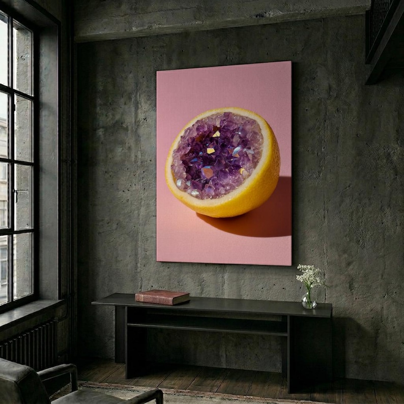 Lemon Geode Art Print | Amethyst Crystal Poster | Surreal Food Wall Decor | Purple Gemstone Kitchen Art | Pop Art Fruit Gift | Yellow Decor image 7
