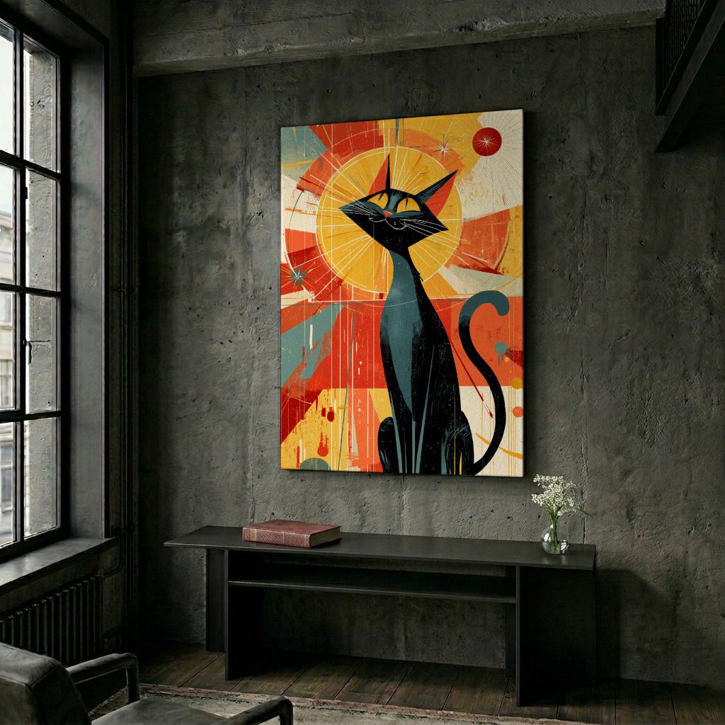 Mid Century Modern Black Cat Art Print | Retro Atomic Age Illustration ...