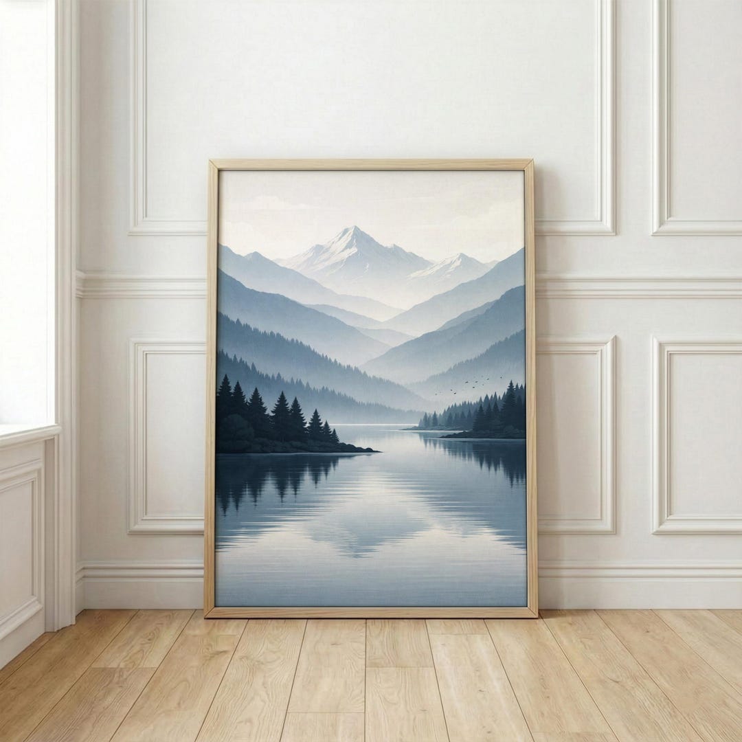 Minimalist Mountain Lake Print | Misty Forest Art | Nordic Wall Decor ...