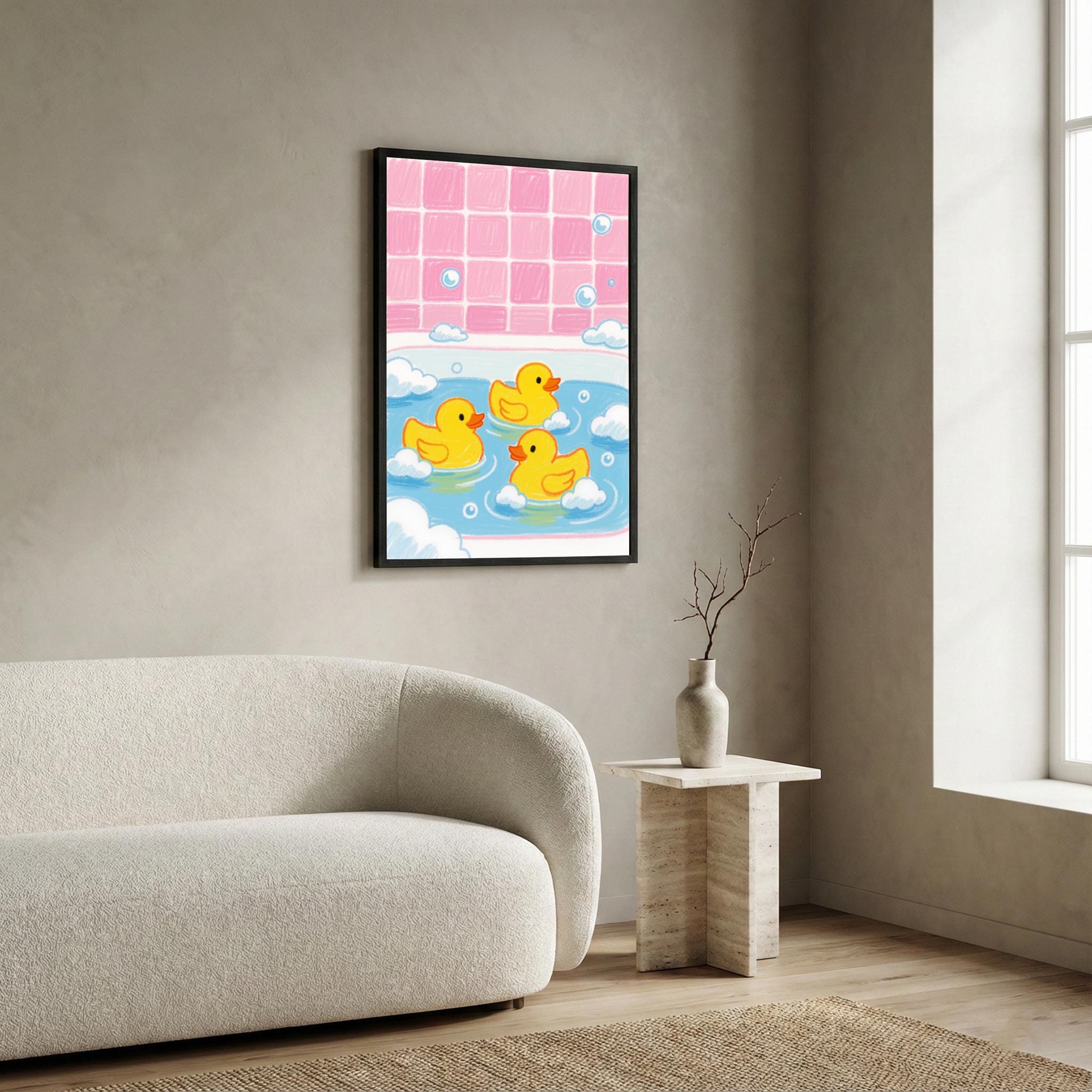 Cute Rubber Duck Art Print | Pink Bathroom Wall Decor | Crayon Style ...
