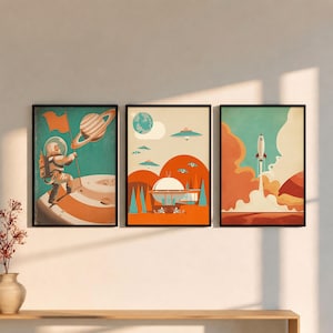 Retro Space Wall Art Set of 3, Mid Century Sci Fi Triptych, Rocket Prints